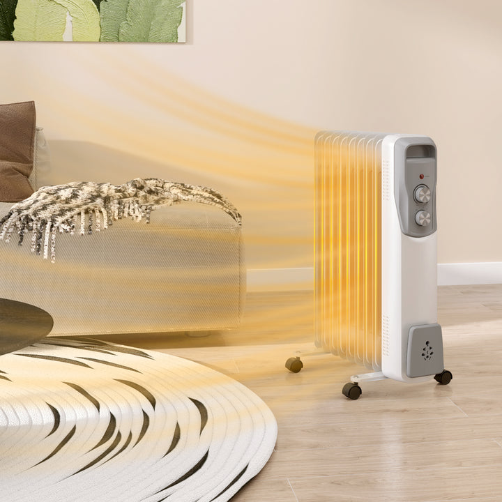 Aquecedor a Óleo Silencioso 2000W Aquecedor Elétrico Baixo Consumo com Rodas Temperatura Ajustável Proteção Sobreaquecimento 3 Configurações de Aquecimento para 25 m² 29x41,5x62 cm Branco