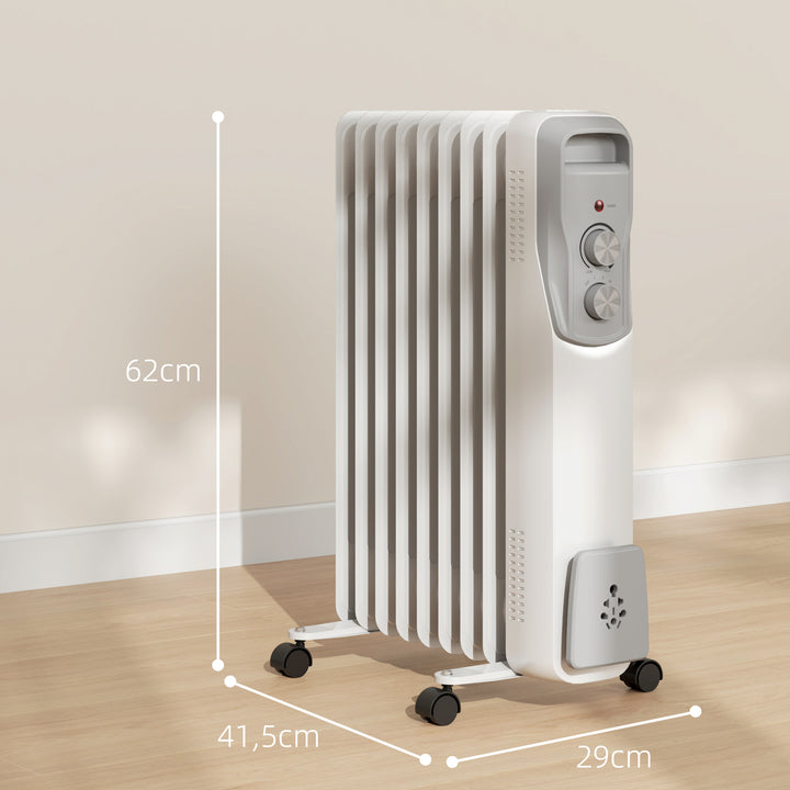 Aquecedor a Óleo Silencioso 2000W Aquecedor Elétrico Baixo Consumo com Rodas Temperatura Ajustável Proteção Sobreaquecimento 3 Configurações de Aquecimento para 25 m² 29x41,5x62 cm Branco