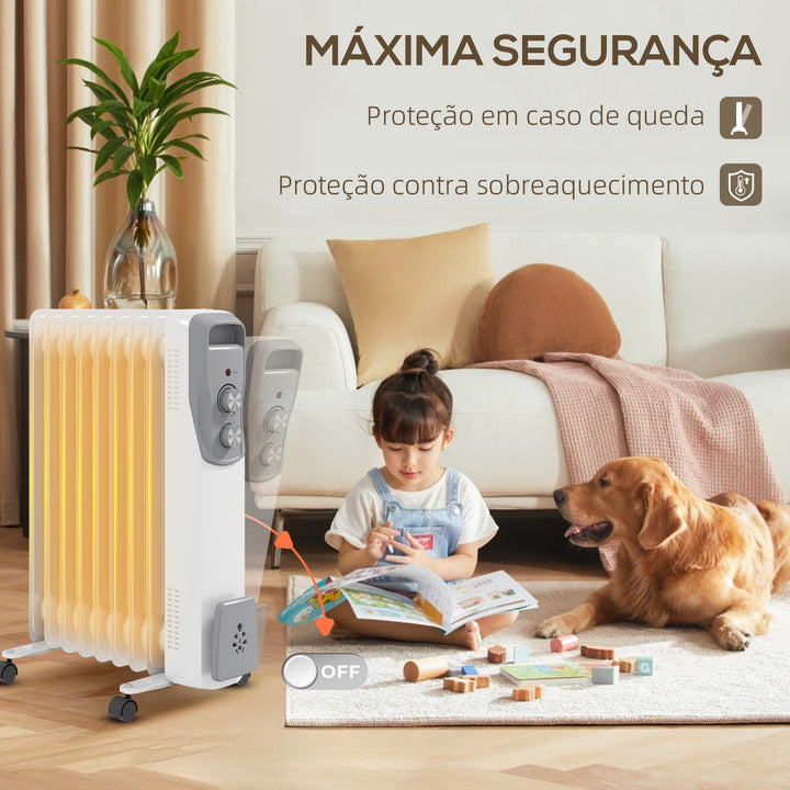 Aquecedor a Óleo Silencioso 2000W Aquecedor Elétrico Baixo Consumo com Rodas Temperatura Ajustável Proteção Sobreaquecimento 3 Configurações de Aquecimento para 25 m² 29x41,5x62 cm Branco