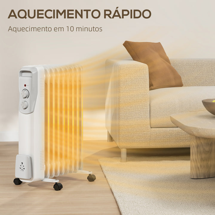 Aquecedor a Óleo Silencioso 2000W Aquecedor Elétrico Baixo Consumo com Rodas Temperatura Ajustável Proteção Sobreaquecimento 3 Configurações de Aquecimento para 25 m² 29x41,5x62 cm Branco