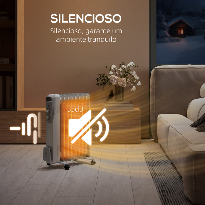 Aquecedor a Óleo Silencioso 2000W Aquecedor Elétrico Baixo Consumo com Rodas Temperatura Ajustável Proteção Sobreaquecimento 3 Configurações de Aquecimento para 25 m² 29x41,5x62 cm Branco