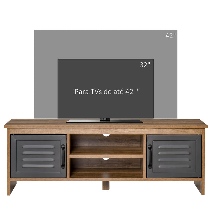 Armário de TV para televisores de 42 "com 2 compartimentos fechados com portas de metal e 2 estantes 109x35x38 cm Madeira natural e cinza