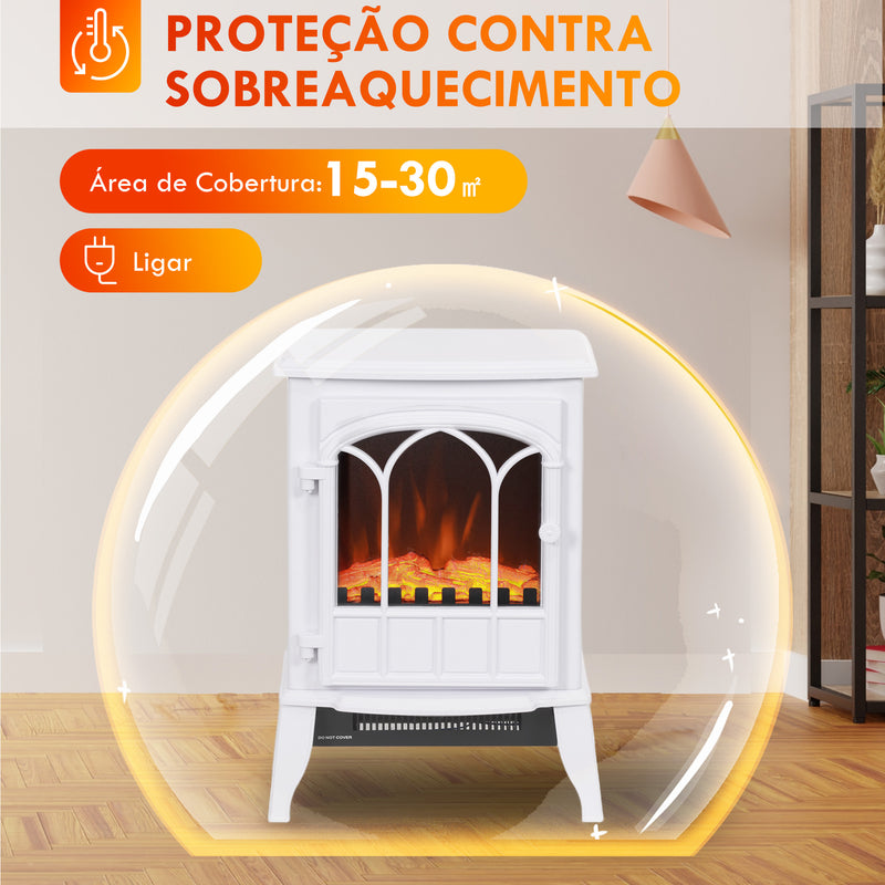 Lareira Elétrica Portátil 1000/2000W com Efeito de Chama Realista e Proteção Contra Superaquecimento para Ambientes entre 15-30m² 39x23x56,5 cm Branco