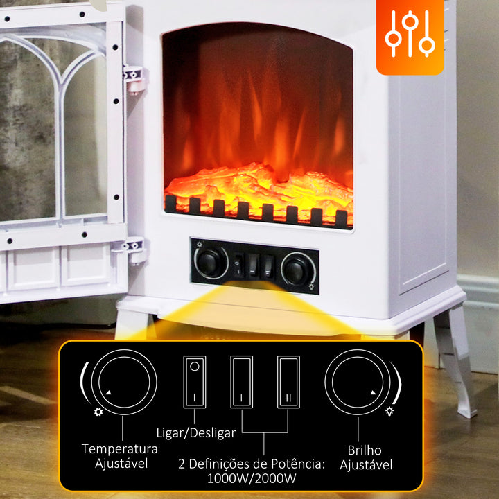 Lareira Elétrica Portátil 1000/2000W com Efeito de Chama Realista e Proteção Contra Superaquecimento para Ambientes entre 15-30m² 39x23x56,5 cm Branco