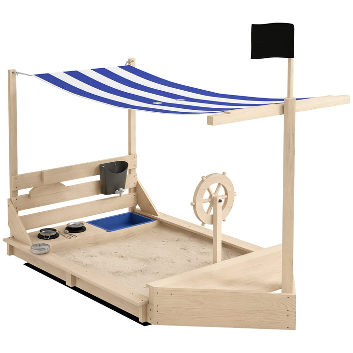 Caixa de Areia para Crianças de Madeira Caixa de Areia Infantil com Toldo Volante Brinquedos de Cozinha e Forma de Barco Pirata para Pátio Jardim 180x103x144,5 cm Natural