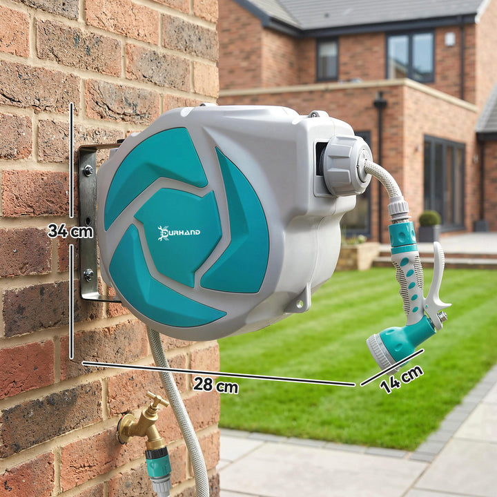 Enrolador de Mangueira para Jardim 10+1 m com Bico de 7 Funções, Enrolador de Mangueira de Parede Giratório 180°, com Enrolamento Automático, Cinzento Claro e Verde