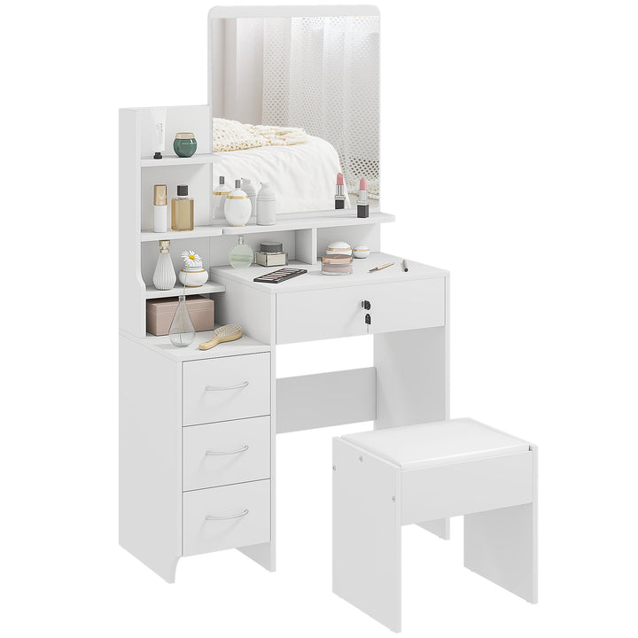 Toucador de Maquilhagem com Banco e Espelho Mesa de Maquilhagem com 4 Gavetas 4 Compartimentos de Armazenamento Estilo Moderno 80x38x143cm Branco