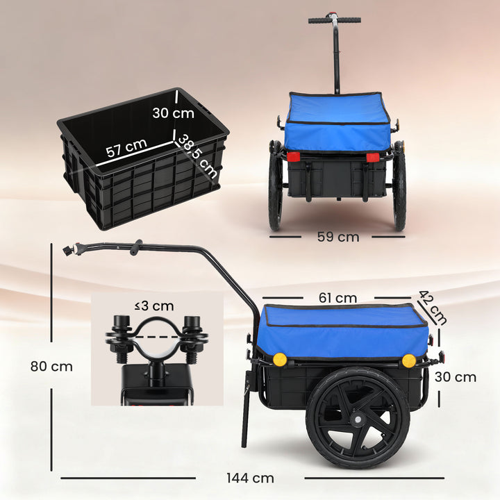 Reboque de Bicicleta para Carga 40 kg Carrinho de Mão com Cobertura de Tecido Oxford Impermeável Refletores Estrutura de Aço e Alças para Transporte de Bagagens 144x59x80 cm Azul