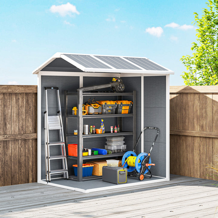 Abrigo de Jardim Exterior 2,1 m² 131x186x198 cm Abrigo de Jardim Exterior com Piso Janela Porta com Fechadura Ventilações para Armazenamento de Ferramentas Cinzento