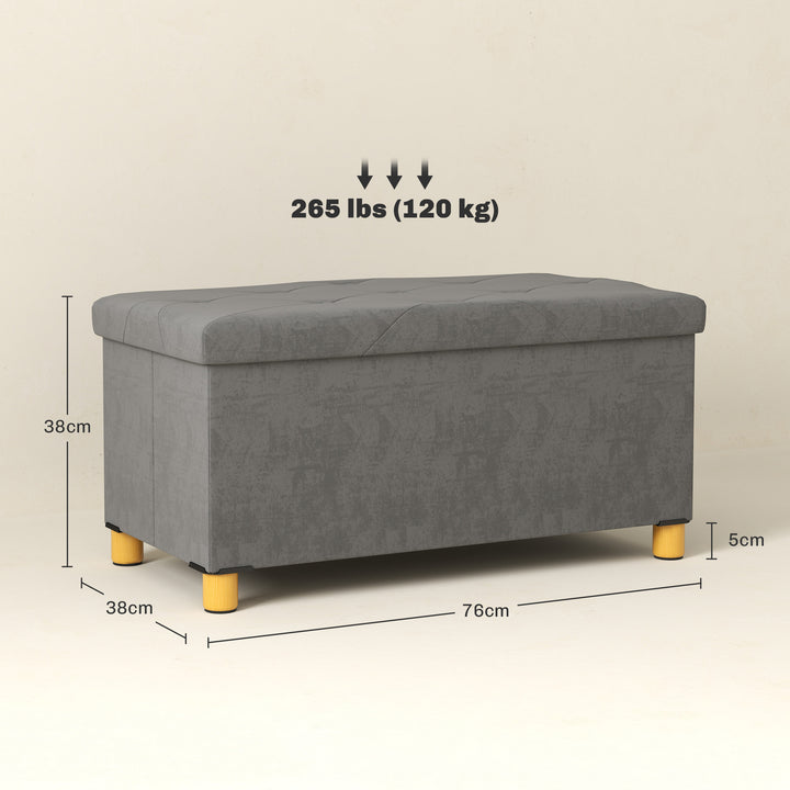 Banco de Armazenamento Dobrável Puff de Armazenamento Capacidade de 67 L Estofado em Veludo Baú de Armazenamento Quarto Carga 120 kg para Sala de Estar Entrada 76x38x38 cm Cinza