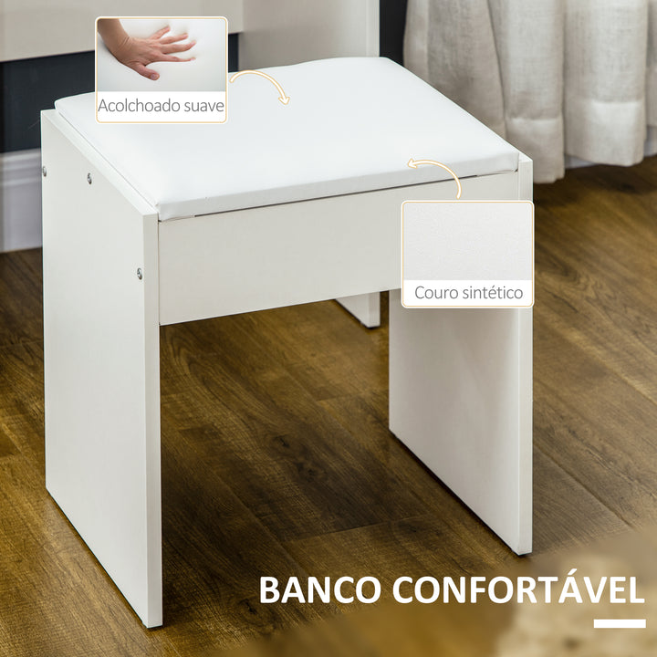 Toucador de Maquilhagem com Banco e Espelho Mesa de Maquilhagem com 4 Gavetas 4 Compartimentos de Armazenamento Estilo Moderno 80x38x143cm Branco
