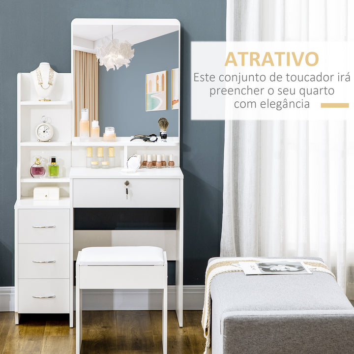 Toucador de Maquilhagem com Banco e Espelho Mesa de Maquilhagem com 4 Gavetas 4 Compartimentos de Armazenamento Estilo Moderno 80x38x143cm Branco