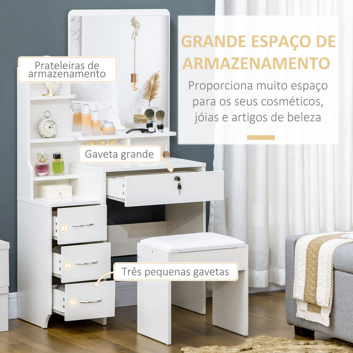 Toucador de Maquilhagem com Banco e Espelho Mesa de Maquilhagem com 4 Gavetas 4 Compartimentos de Armazenamento Estilo Moderno 80x38x143cm Branco