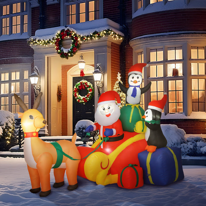 Pai Natal Insuflável com Trenó Pinguins e Renas Insufláveis de Natal com Luzes LED Decoração de Natal para Exterior e Interior 180x120x155 cm Multicor