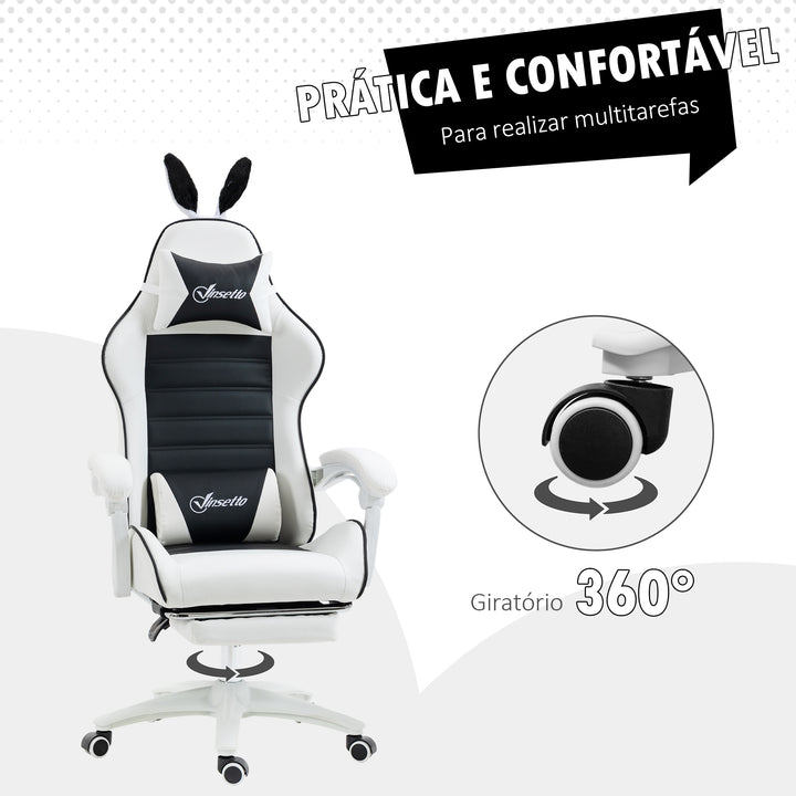 Cadeira Gaming Profissional Cadeira Gamer Giratória de Couro PU com Altura Ajustável Inclinável 135° Apoio para a Cabeça e Apoio para os Pés para Escritório 65x63x136-142 cm Branco e Preto