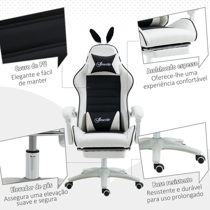 Cadeira Gaming Profissional Cadeira Gamer Giratória de Couro PU com Altura Ajustável Inclinável 135° Apoio para a Cabeça e Apoio para os Pés para Escritório 65x63x136-142 cm Branco e Preto