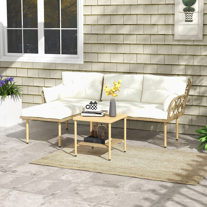 Conjunto de Jardim de 3 Peças em Vime Sintético Móveis de Jardim com 1 Sofá de 2 Lugares 1 Sofá de Canto e 1 Mesa de Centro Metálica para Pátio Natural e Creme
