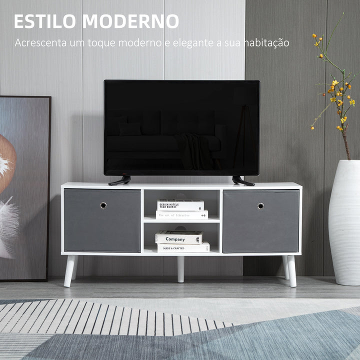 Móvel de TV para Televisores de até 50 Polegadas Móvel de Sala de Estar Moderno com 2 Gavetas de Tecido 2 Prateleiras Abertas e Orifício Passa Cabos 110x29x46,5cm Branco e Cinza