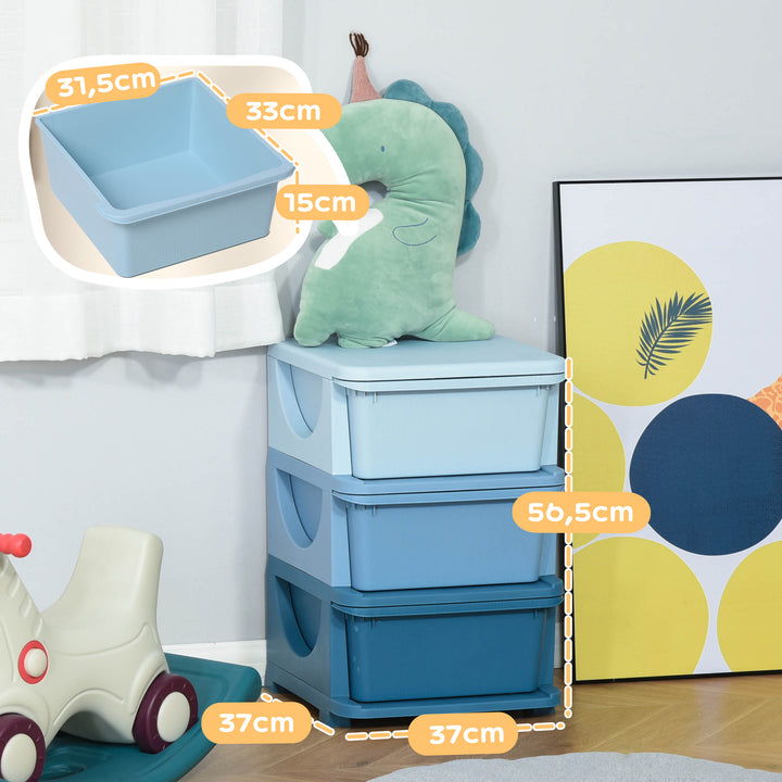 Organizador de Brinquedos Infantil para crianças acima de 3 anos com 3 Gavetas e Alças amplo espaço de armazenamento para Roupas Livros brinquedos 37x37x56,5 cm Azul