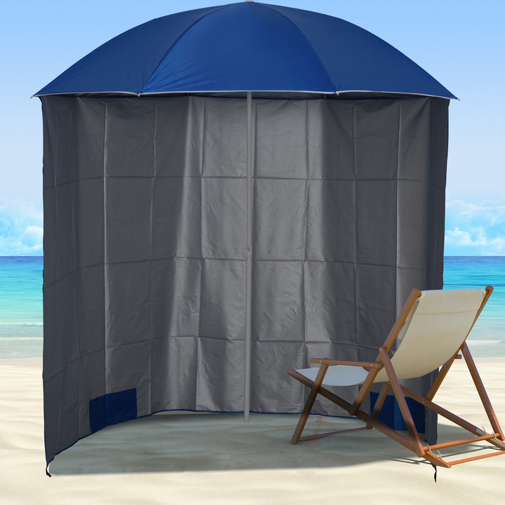 Chapéu de Sol de Praia com Painel Lateral Ø220x220 cm Chapéu de Sol com Manivela Manual 8 Hastes de Aço e Bolsa de Transporte para Jardim Piscina Azul