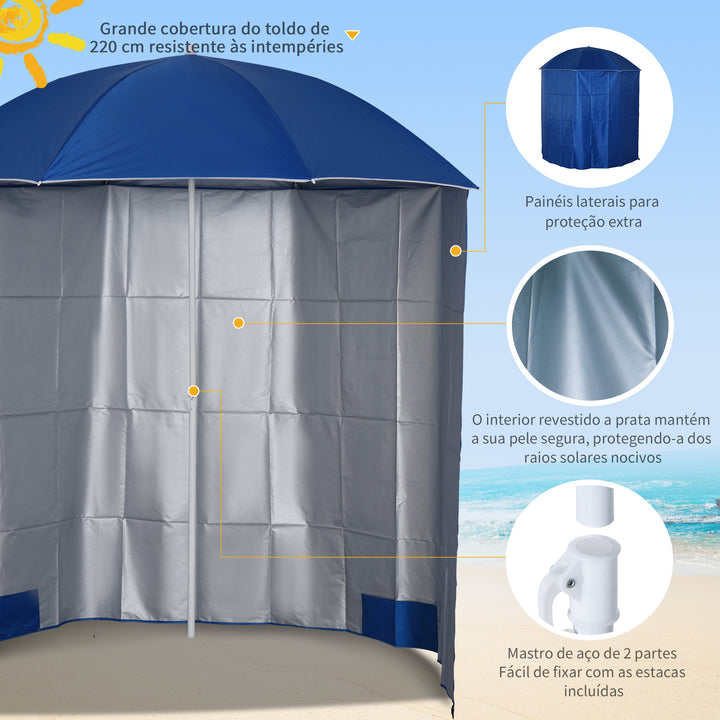 Chapéu de Sol de Praia com Painel Lateral Ø220x220 cm Chapéu de Sol com Manivela Manual 8 Hastes de Aço e Bolsa de Transporte para Jardim Piscina Azul