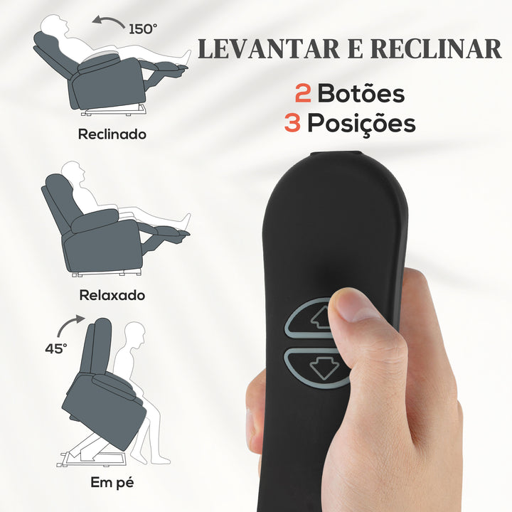 Poltrona Relax Reclinável Elétrica Levanta Pessoas com Porta USB Controlo Remoto Assento Largo Apoio para os Pés Estofada em Tecido Aveludado Cinzento