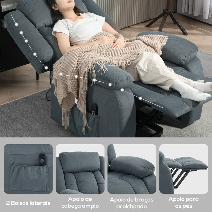 Poltrona Relax Reclinável Elétrica Levanta Pessoas com Porta USB Controlo Remoto Assento Largo Apoio para os Pés Estofada em Tecido Aveludado Cinzento