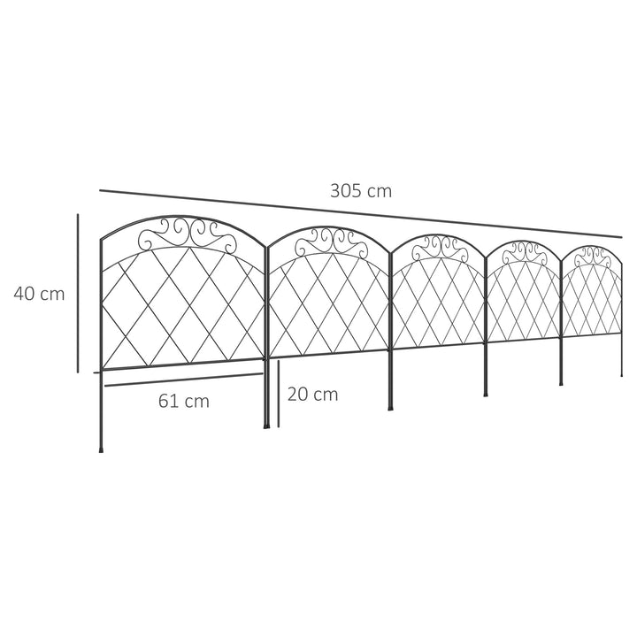 Cercas de Jardim 305x61 cm Conjunto de 5 Cercas Decorativas para Jardim de Metal Combinação Livre em Forma de Arco Barreira para Animais para Terraço Pátio Relva Preto