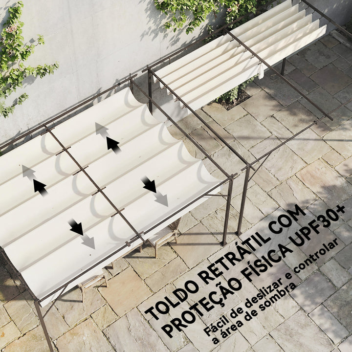 Pérgola de Parede de Jardim 4x3 m Pérgola de Jardim com Telhado Retrátil Proteção UPF30+ Orifícios de Drenagem e Estrutura Metálica Pérgola para Terraço Jardim Exterior Creme
