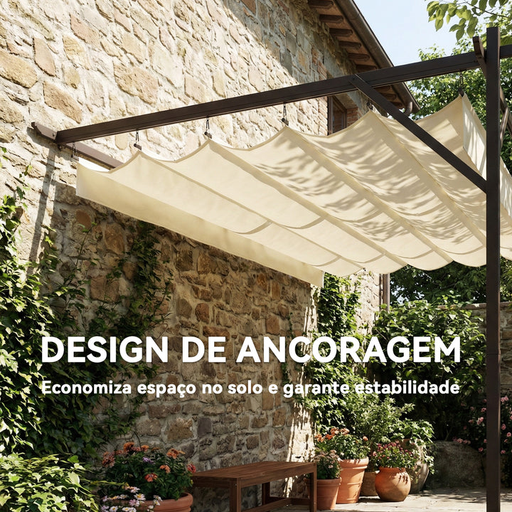 Pérgola de Parede de Jardim 4x3 m Pérgola de Jardim com Telhado Retrátil Proteção UPF30+ Orifícios de Drenagem e Estrutura Metálica Pérgola para Terraço Jardim Exterior Creme