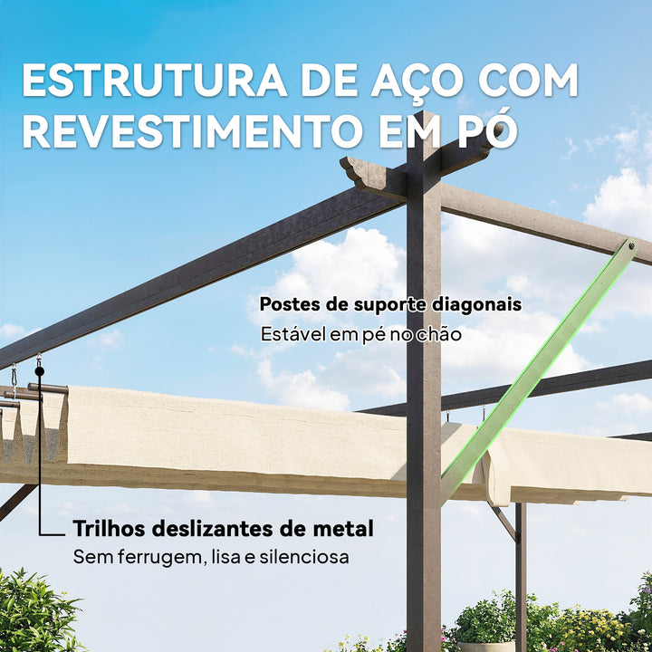 Pérgola de Parede de Jardim 4x3 m Pérgola de Jardim com Telhado Retrátil Proteção UPF30+ Orifícios de Drenagem e Estrutura Metálica Pérgola para Terraço Jardim Exterior Creme