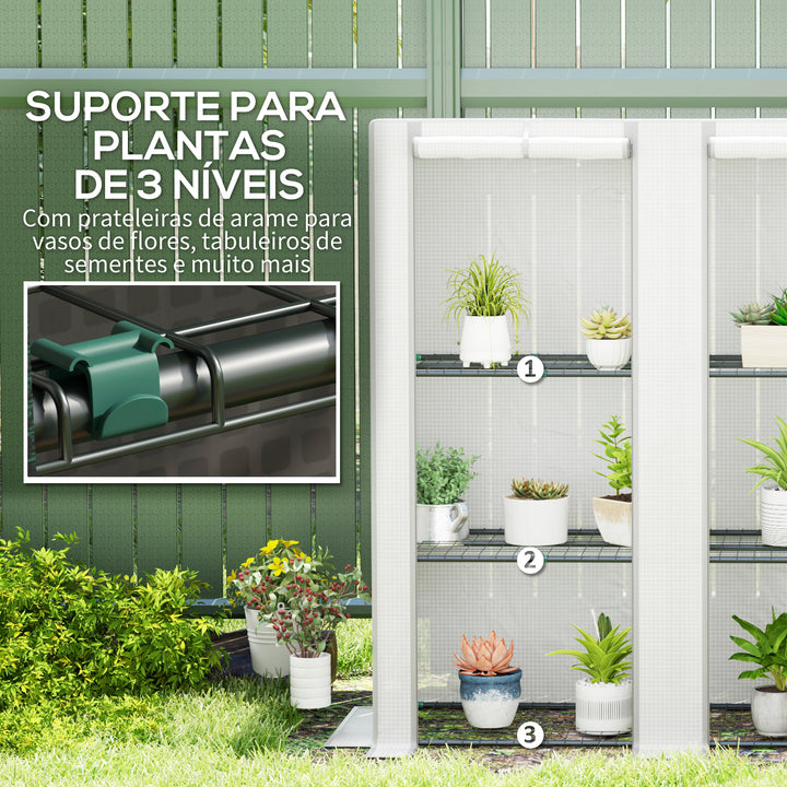 Estufa de Exterior com Teto Inclinado Estufa Pequena com 3 Prateleiras 2 Portas de Enrolar Capa de PE e Estrutura de Aço para Cultivos Plantas Flores 144x48x152 cm Branco