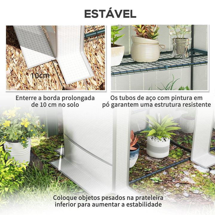 Estufa de Exterior com Teto Inclinado Estufa Pequena com 3 Prateleiras 2 Portas de Enrolar Capa de PE e Estrutura de Aço para Cultivos Plantas Flores 144x48x152 cm Branco