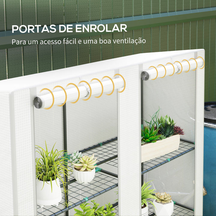 Estufa de Exterior com Teto Inclinado Estufa Pequena com 3 Prateleiras 2 Portas de Enrolar Capa de PE e Estrutura de Aço para Cultivos Plantas Flores 144x48x152 cm Branco