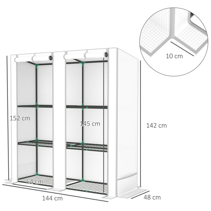 Estufa de Exterior com Teto Inclinado Estufa Pequena com 3 Prateleiras 2 Portas de Enrolar Capa de PE e Estrutura de Aço para Cultivos Plantas Flores 144x48x152 cm Branco