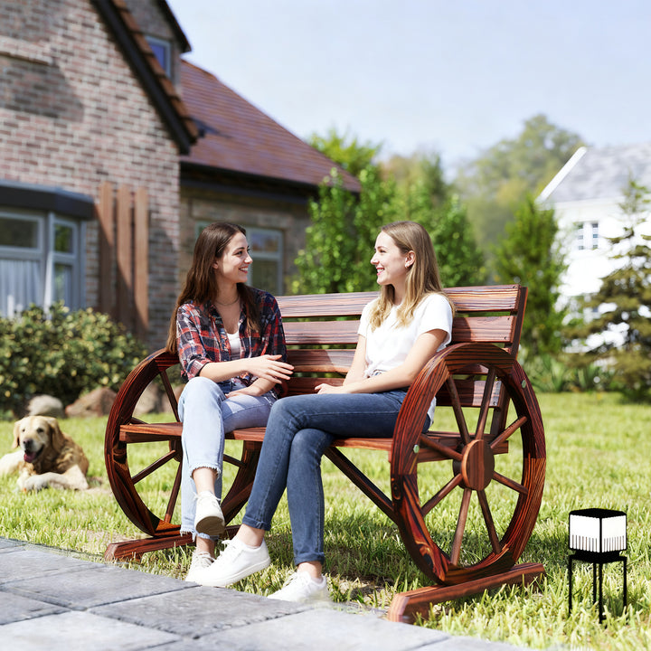 Banco de madeira ao ar livre com apoio de braços em forma de roda Vista envelhecida para varanda Terraço 105,5x56x75 cm Marrom rústico