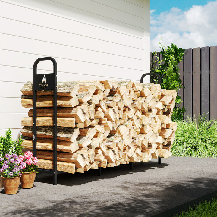 Suporte Metálico para Lenha 199x30x121 cm Suporte para Lenha de Exterior com Estrutura de Aço Pés Extra e Design Recortado de Fogueira Capacidade de Carga 300 kg para Jardim Preto