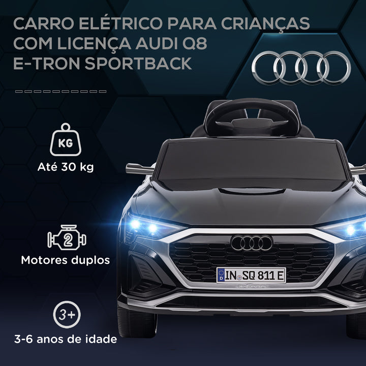 Carro Elétrico para Crianças acima de 3 Anos Carro Audi Q8 Etron Sportback Infantil com Bateria 12V Controlo Remoto Faróis Buzina e Música 98x49,5x43 cm Preto
