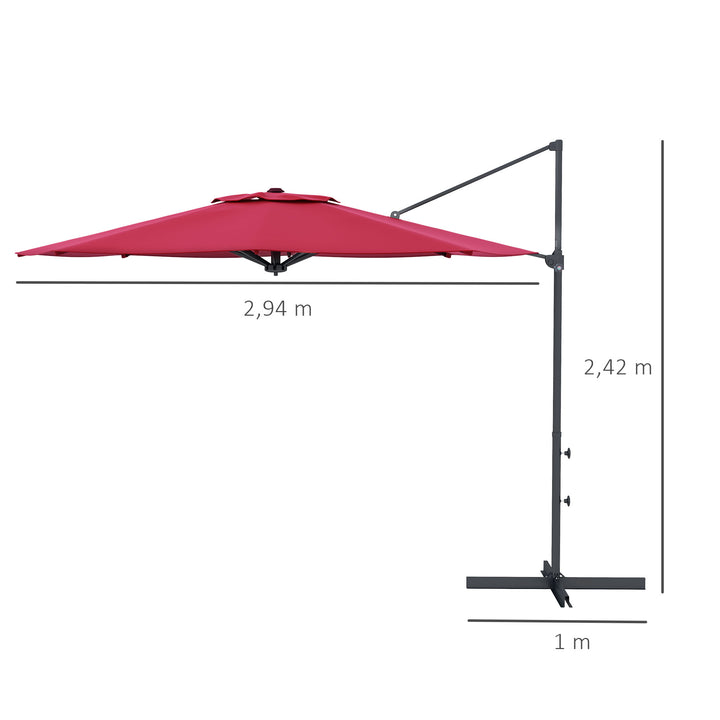 Chapéu de Sol Excêntrico Ø294x242 cm Chapéu de Sol de Jardim com Altura Ajustável Mastro Giratório 360° Ângulo Ajustável e Ventilação Superior para Pátio Piscina Vinho