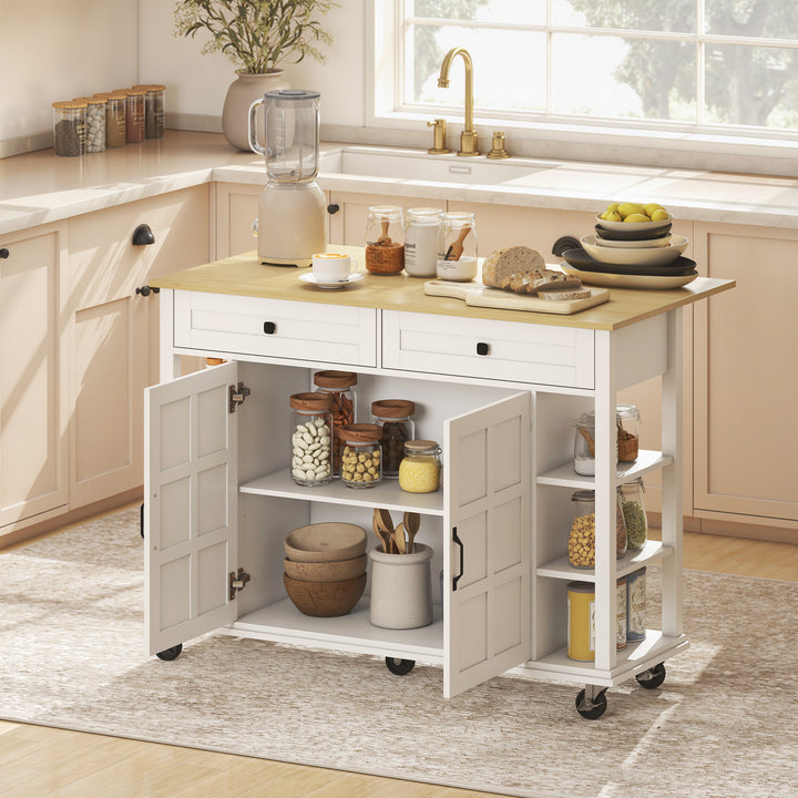 Ilha de Cozinha com Rodas Bancada Dobrável Carrinho de Cozinha com 2 Portas com Fecho Suave 2 Gavetas 6 Prateleiras Abertas 120x65x89 cm Branco