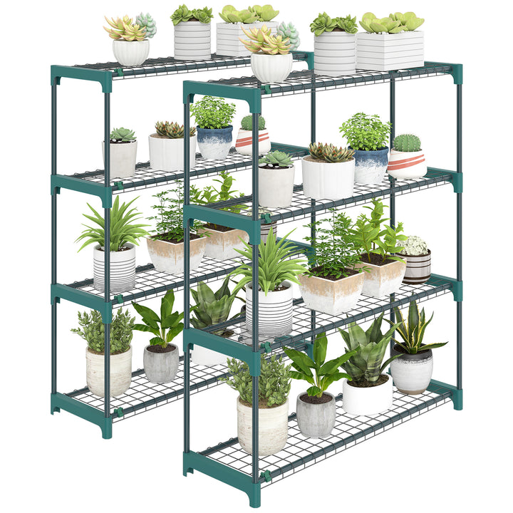 Conjunto de 2 Suportes para Plantas de 4 Níveis para Interior e Exterior, Prateleiras de Aço com Conectores para Montagem Fácil, Estantes para Vasos, Jardim, Varanda, Verde