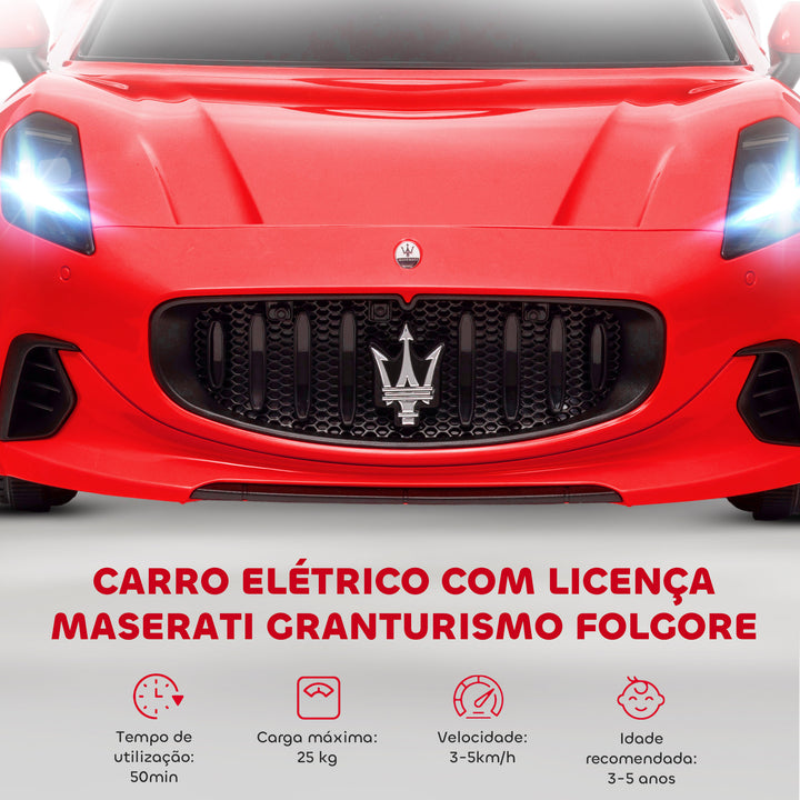 Carro Elétrico para Crianças acima de 3 Anos Carro Maserati Gran Turismo Folgore Carro Elétrico com Bateria 12V Controlo Remoto Faróis Buzina e Música MP3 98x59x43 cm Vermelho