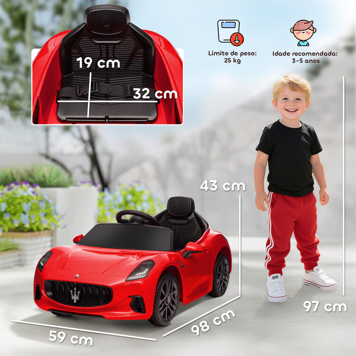 Carro Elétrico para Crianças acima de 3 Anos Carro Maserati Gran Turismo Folgore Carro Elétrico com Bateria 12V Controlo Remoto Faróis Buzina e Música MP3 98x59x43 cm Vermelho