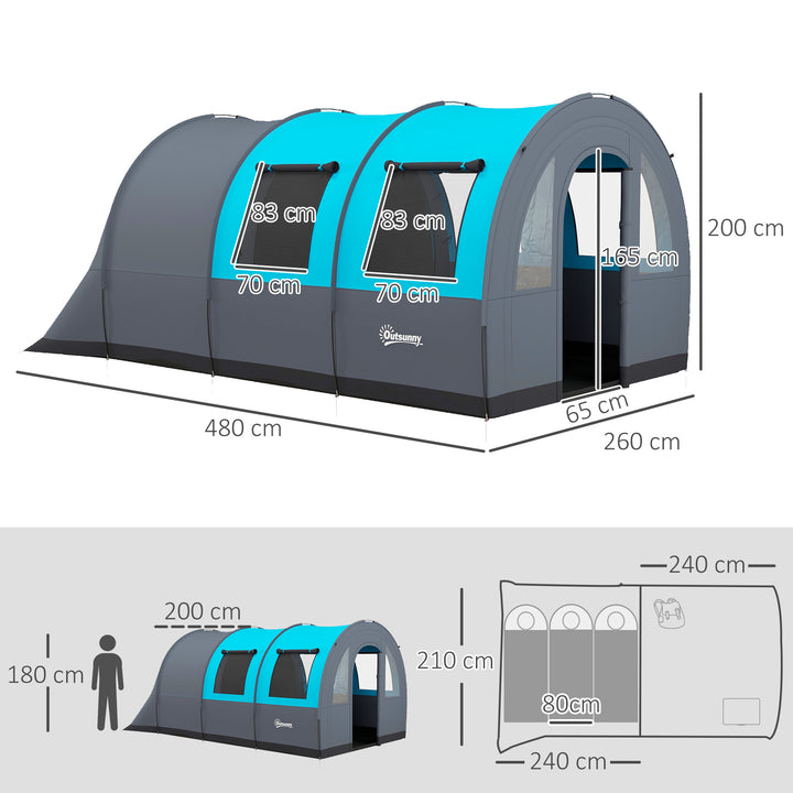 Tenda de Campismo Familiar para 5-6 Pessoas Tenda de Campismo Dobrável com 2 Quartos Portas e Bolsa de Transporte Impermeável 3000 mm para Trekking 480x260x200 cm Cinza