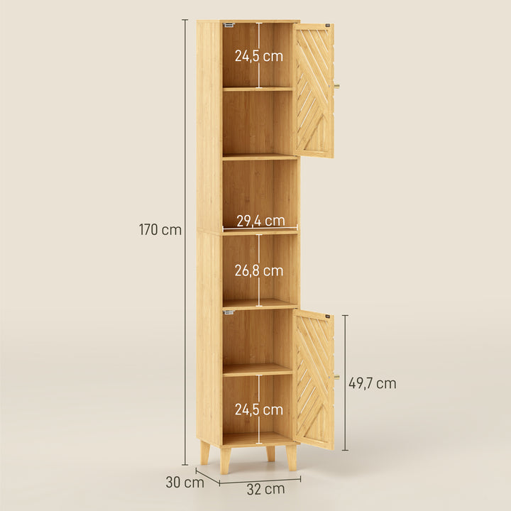 Coluna de Casa de Banho Estreita Armário de Casa de Banho Alto com Portas e Pés de Bambu Prateleiras Ajustáveis Compartimento Aberto 32x30x170 cm Madeira