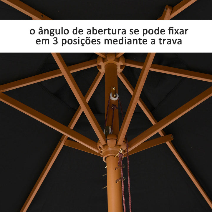 Chapéu de Sol de Madeira Ø250x230 cm para Exterior com 6 Hastes Sistema de Corda com Fixação Desmontável Portátil Fácil de Guardar e Transportar Preto
