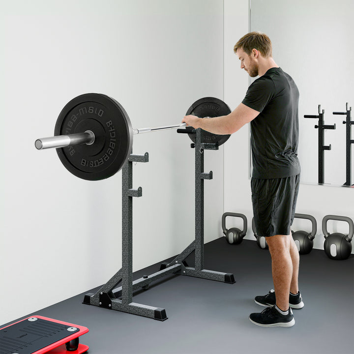 Suporte para Barras de Pesos Multifuncional com Largura e Altura Ajustáveis Suporte de Musculação com Estrutura de Aço Carga 200 kg para Treino em Casa Ginásio 60-87x65x121-158 cm Preto