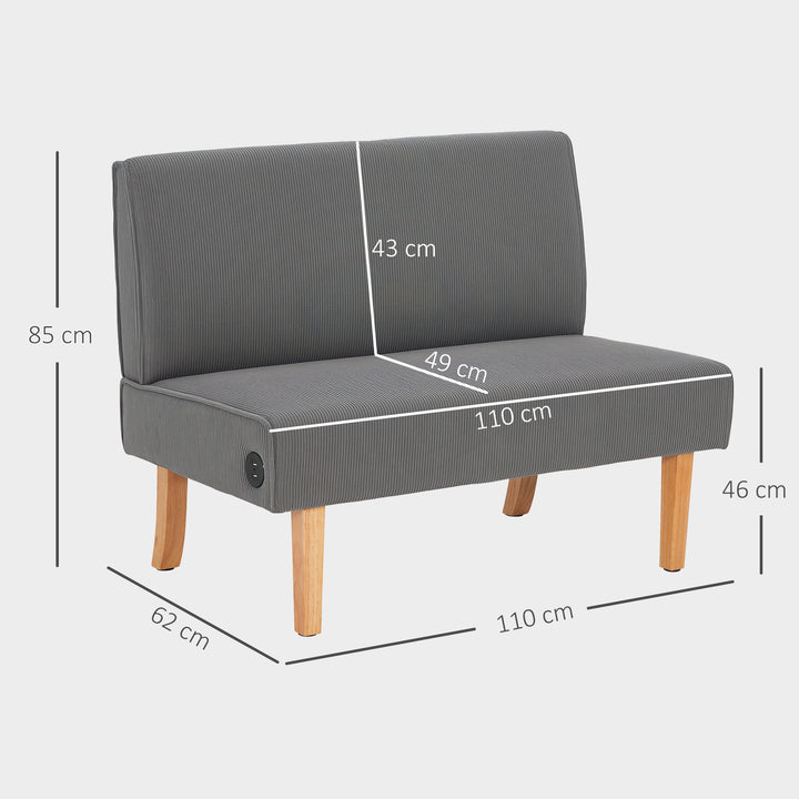 Sofá de 2 Lugares Estofado em Veludo Cotelê Sofá Sala de Estar sem Apoio para os Braços com 2 Entradas USB 1 Entrada Tipo C e Pés de Madeira Sofá Pequeno Carga 240 kg 110x60x85 cm Cinza