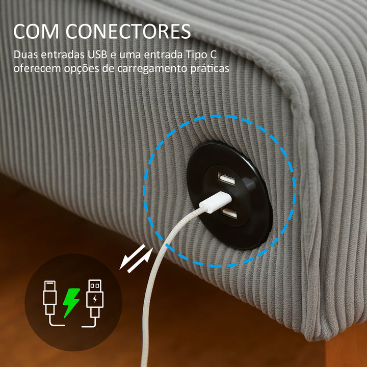 Sofá de 2 Lugares Estofado em Veludo Cotelê Sofá Sala de Estar sem Apoio para os Braços com 2 Entradas USB 1 Entrada Tipo C e Pés de Madeira Sofá Pequeno Carga 240 kg 110x60x85 cm Cinza