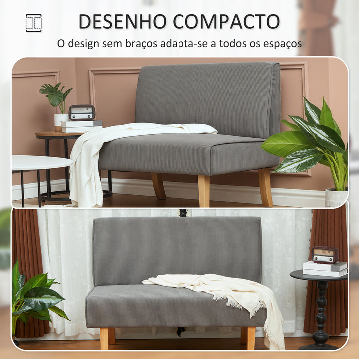 Sofá de 2 Lugares Estofado em Veludo Cotelê Sofá Sala de Estar sem Apoio para os Braços com 2 Entradas USB 1 Entrada Tipo C e Pés de Madeira Sofá Pequeno Carga 240 kg 110x60x85 cm Cinza